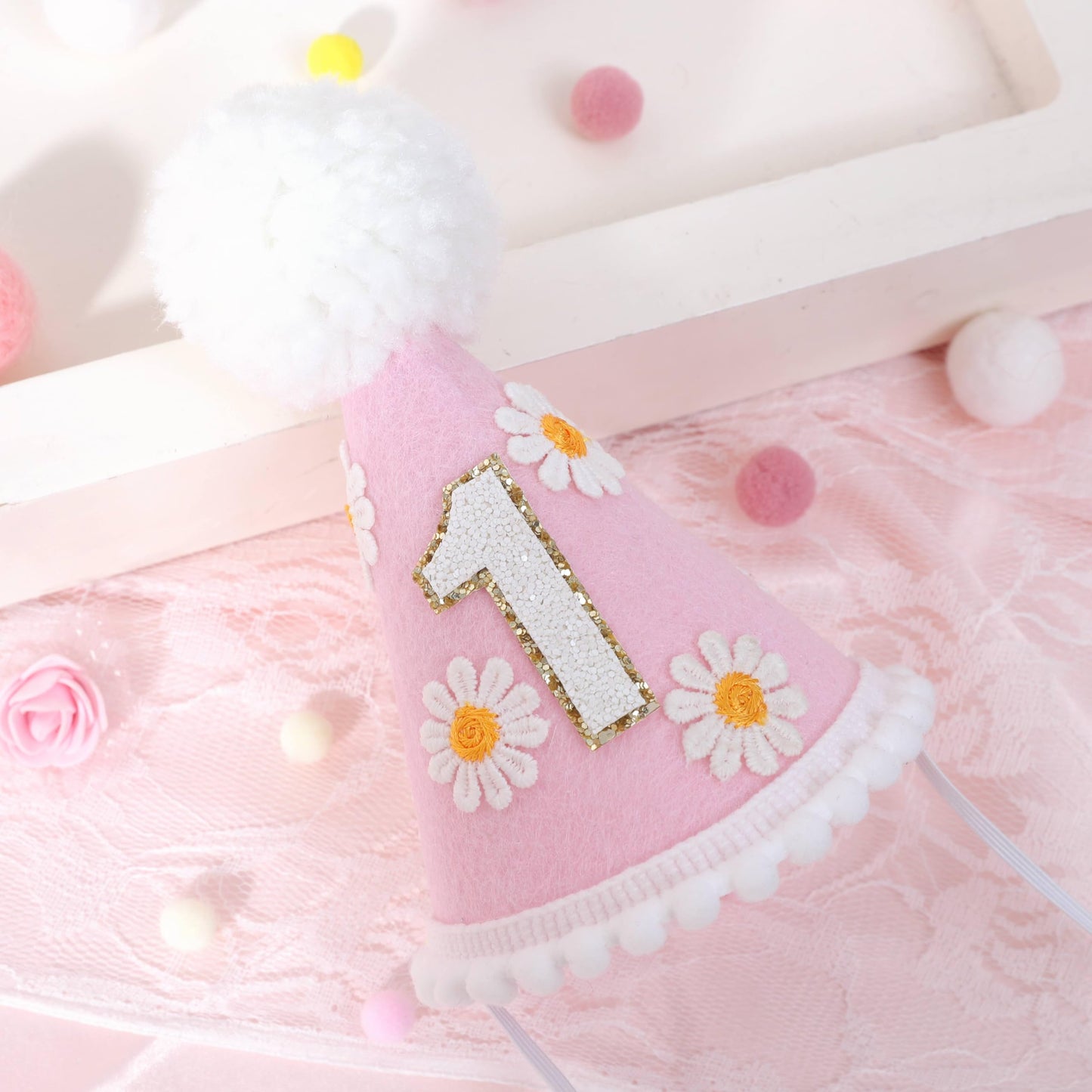 LINGANA First Birthday Hat - Baby Party Decor, Outfit Girl Boy Photo Booth Props, Cake Smash Backdrop (Pink Daisy)