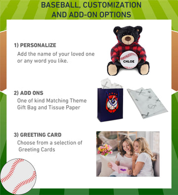 DolliBu Black Bear with Baseball Plush with Red Plaid Hoodie - Soft Huggable Bear, Playtime Teddy Bear Plush Toy, Baseball Plush Stuffed Animal Toy