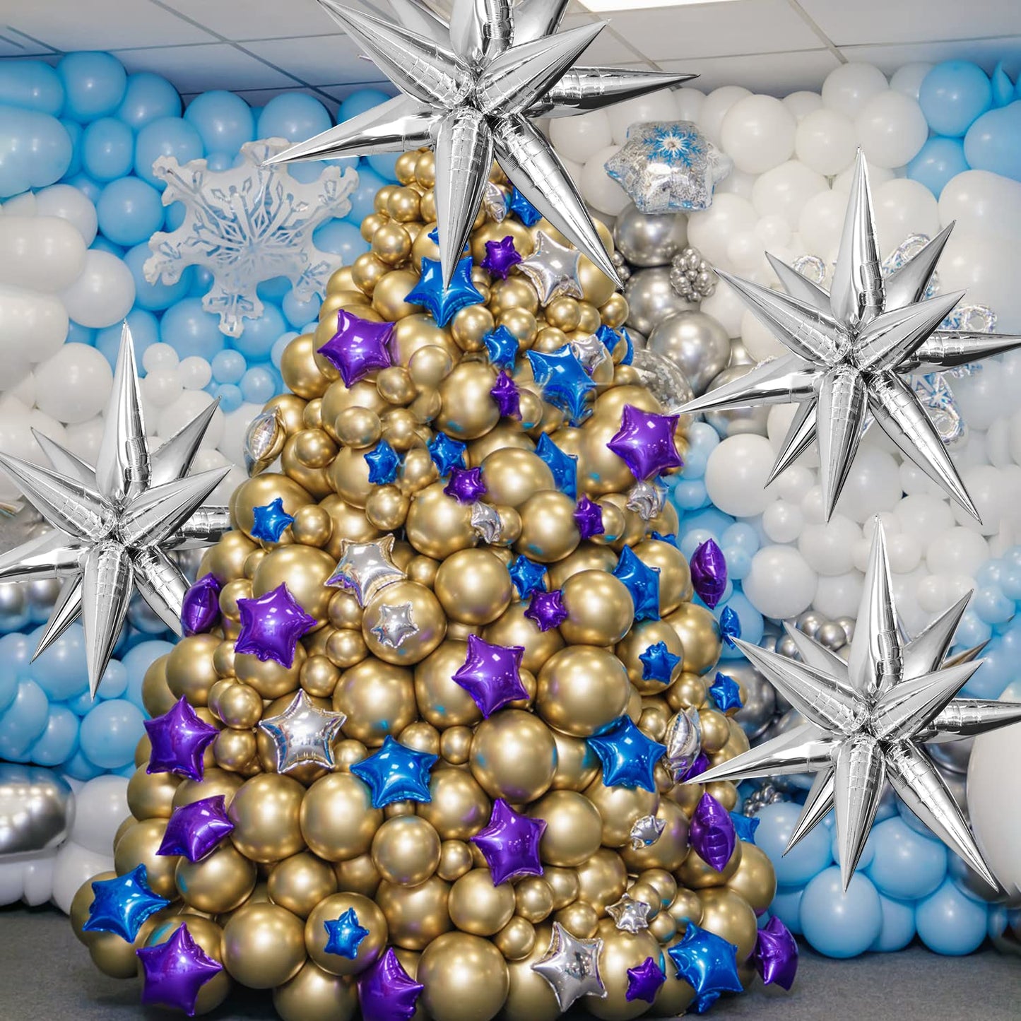 Maylai 50 PCS 40'' Large Silver Star Balloons Big Metallic Explosion Star Foil Balloons 12 Point Star Balloons Cone Mylar Balloons Spike Balloons