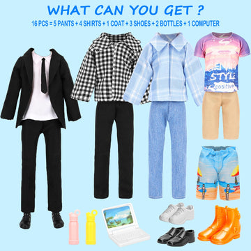 Miunana Lot 16 Items Doll Clothes & Accessories Classic Black Suit for Boy Doll Include Random 4 PCS Casual Wear + 5 PCS Dolls Pants + 3 Pairs
