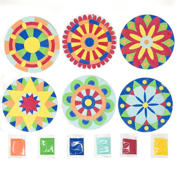 Podzly Sand Painting Mandala Coloring Craft Kits 24 Piece - Self-Adhesive Sand Art Peel Kit for Kids Ages 5+ - 6 Colors & 5 Inch Round Canvases
