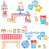 Honey Bee Acres Birthday Wishes Playset, 15 Piece Miniature Dollhouse Party Set with Cat Figure, Rainbow Cake, Balloons & Gift, Pretend Play Birthday
