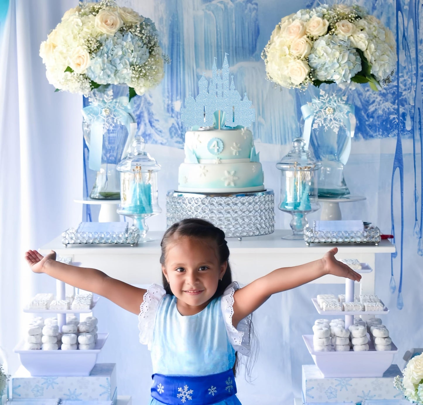 EONNCNT Castle Cake Topper - Light Blue Glitter Castle Theme Birthday Cake Decorating Supplies, Princess Prince Baby Shower Birthday Party Supplies