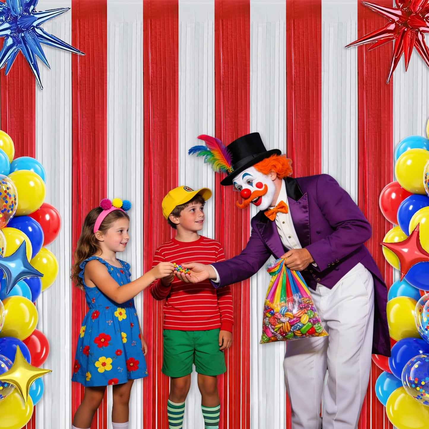 Carnival Circus Theme Red and White Foil Fringe Curtain Backdrop, 2 Pack
