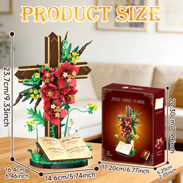 Jesus Cross Flower Building Set, Religious Cross Collectibles Jesus Catholic Building Toys, Christian Crucifix Floral Decor Display, Easter