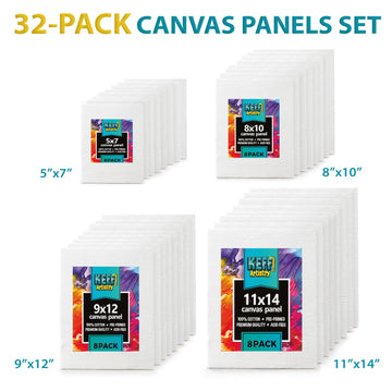 KEFF 32-Pack Bulk Canvas for Painting, 8 of 5x7, 8x10, 9x12, 11x14 Canvas Boards for Painting, Art Supplies for Adults & Kids - 100% Cotton Primed