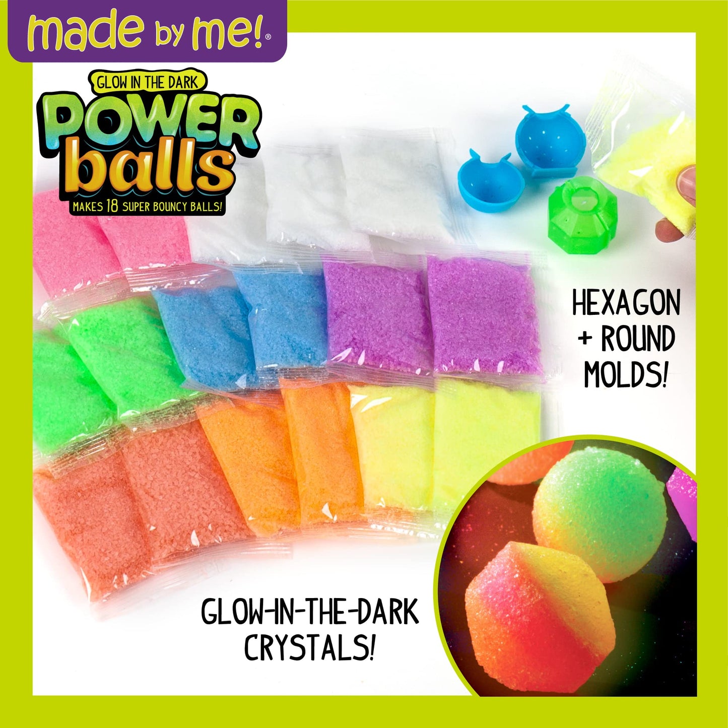Made By Me Glow The Dark Powerballs by Horizon Group USA, DIY STEM Kit. Make 18 Bouncy Crystal Power Balls, Molds and Instructions