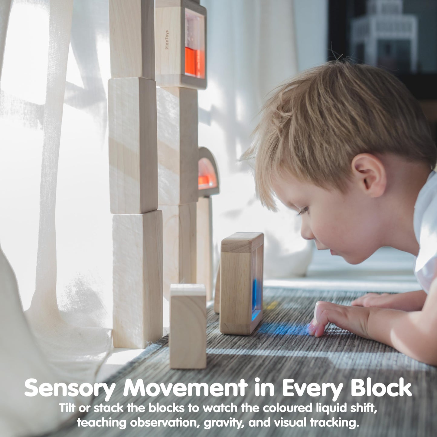 PlanToys® Water Blocks Wooden Montessori Sensory and STEM Building Toy | Light, Colour, Creativity and Fine Motor Skill Development | Eco Friendly