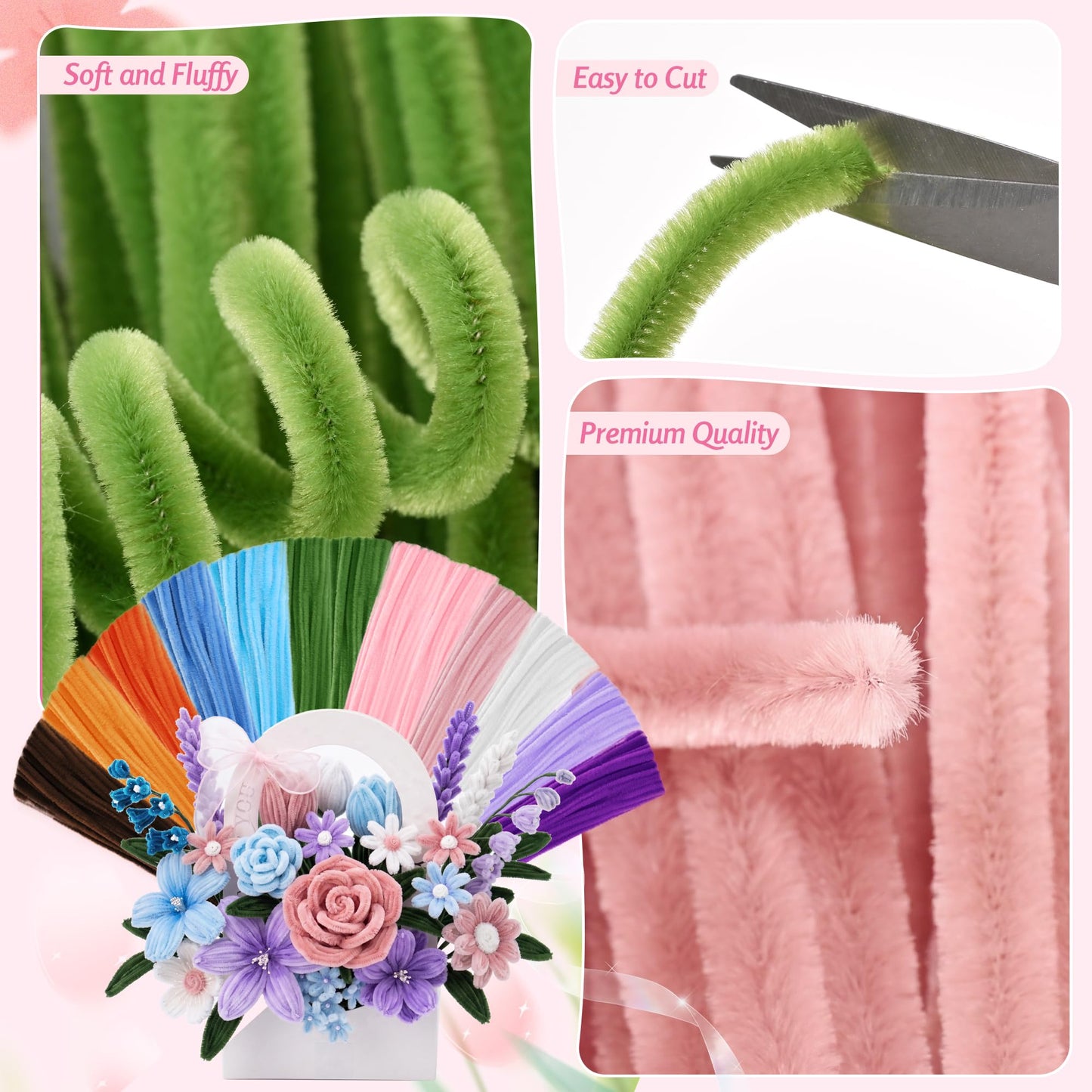 800 PCS Pipe Cleaner Flower Kit, 12 Colors Chenille Stems Craft Kit with Floral Stems, Tape, Stamens, Ribbons, Manual - Make DIY Flowers