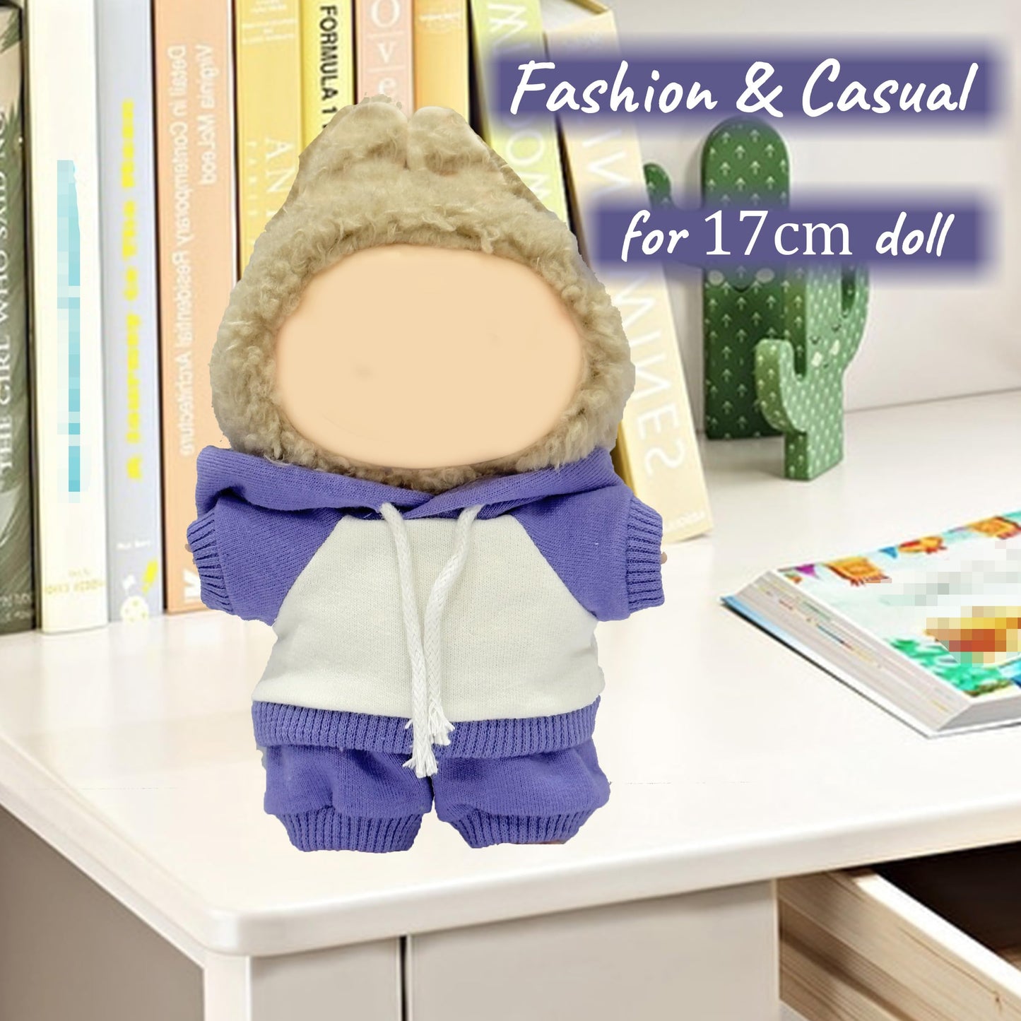 Doll Clothes for LABUBU(No Doll), Casual Stylish Hoodies & Pants Doll Outfit Set Decor Accessories for 17cm/15cm Dolls - Purple