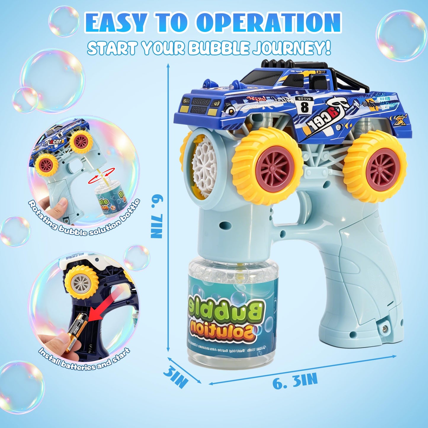 Monster Truck Bubble Gun for Kids, Automatic Bubble with LED Lights,Blue