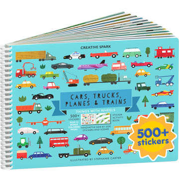 Cars, Trucks, Planes & Trains 500+ Kids Sticker Book by Cupkin Fun Toddler Travel Activity Coloring and Sticker Book, Road Trip Essentials, 12