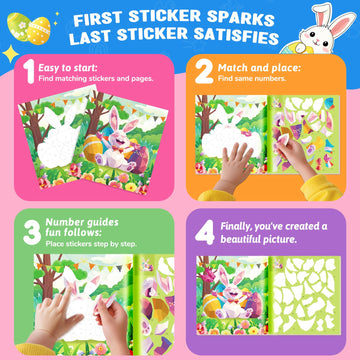 CutteeyFyry Paint by Number Sticker Book for Girls Kids - Road Trip & Airplane Activities Toys, Easter Basket Stuffers, Bunny Egg Unicorn, Birthday