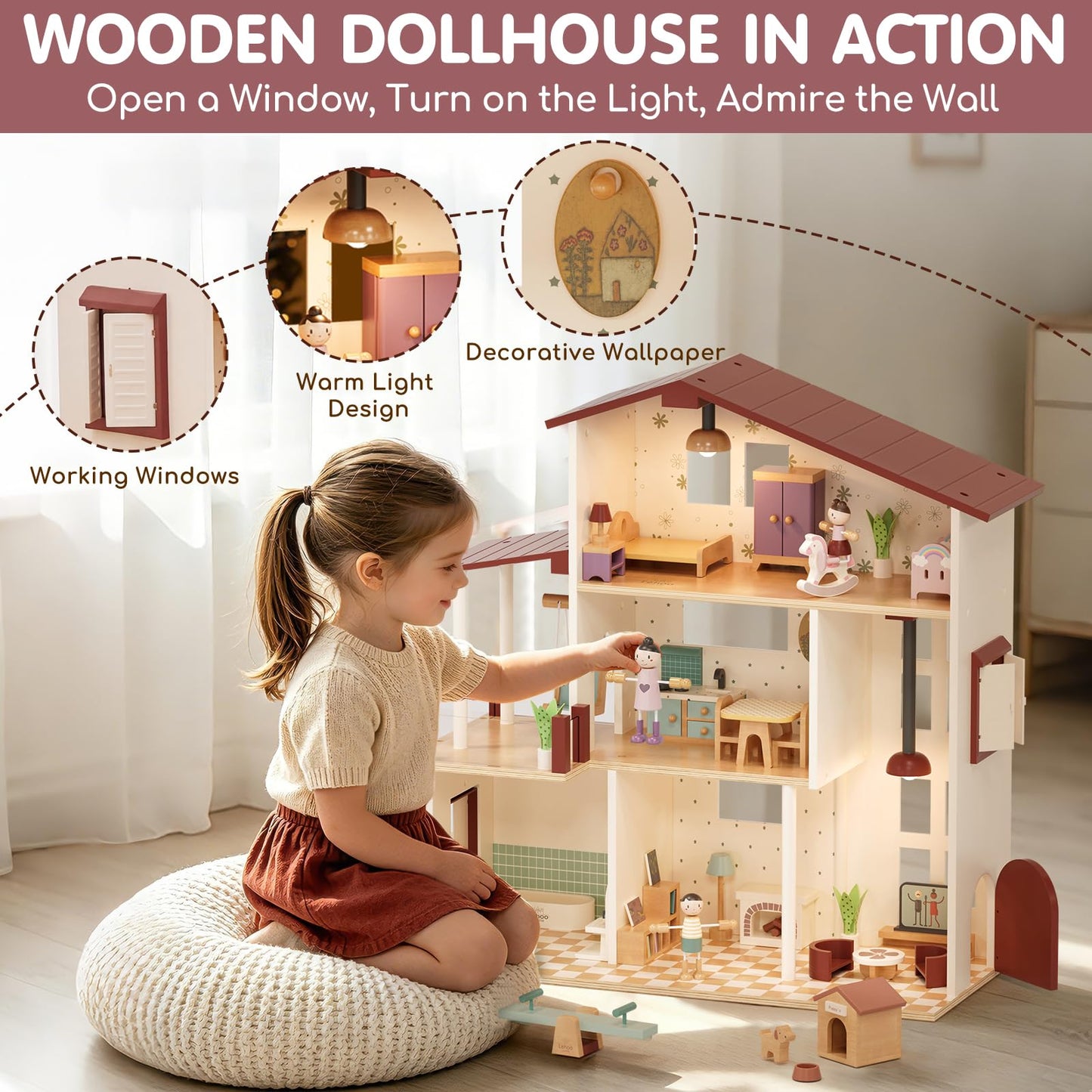 Lehoo Castle Wooden Dollhouse for Girls, Realistic Doll House with 5 Rooms & 38 Accessories, DIY Pretend Play Dream Dollhouse with Doll and Furniture