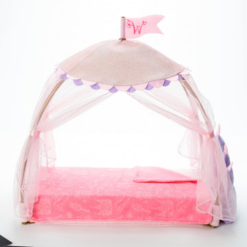 American Girl WellieWishers 14.5-inch Doll Royal Canopy Bed Playset with Mesh Drapes, Flag, and Blanket, For Ages 4+