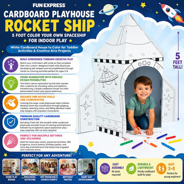 Fun Express Cardboard Playhouse Rocket Ship Toy for Kids - 5 Foot Color Your Own Spaceship for Indoor Play | White Cardboard House to Color