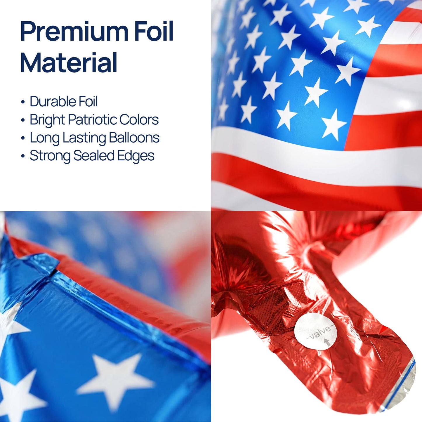 Dream Decor Happy 4th of July Balloons 12 Pack - American Flag Star & Happy 4th of July Foil Balloons with Ribbon Rolls & Inflation Straw - Patriotic