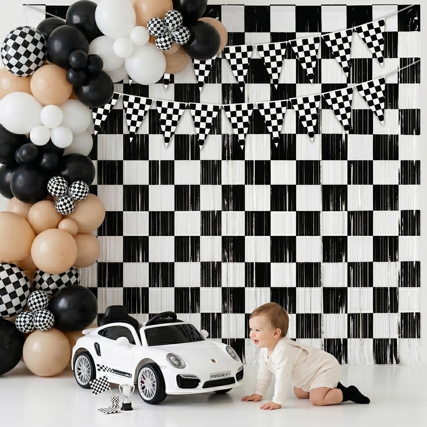 4 Pack Black White Checkered Party Decoration Set, 2 Pack 3.3ft x 6.6 ft Black White Checkerboard Foil Fringe Tinsel Streamer Curtain Backdrop + 2