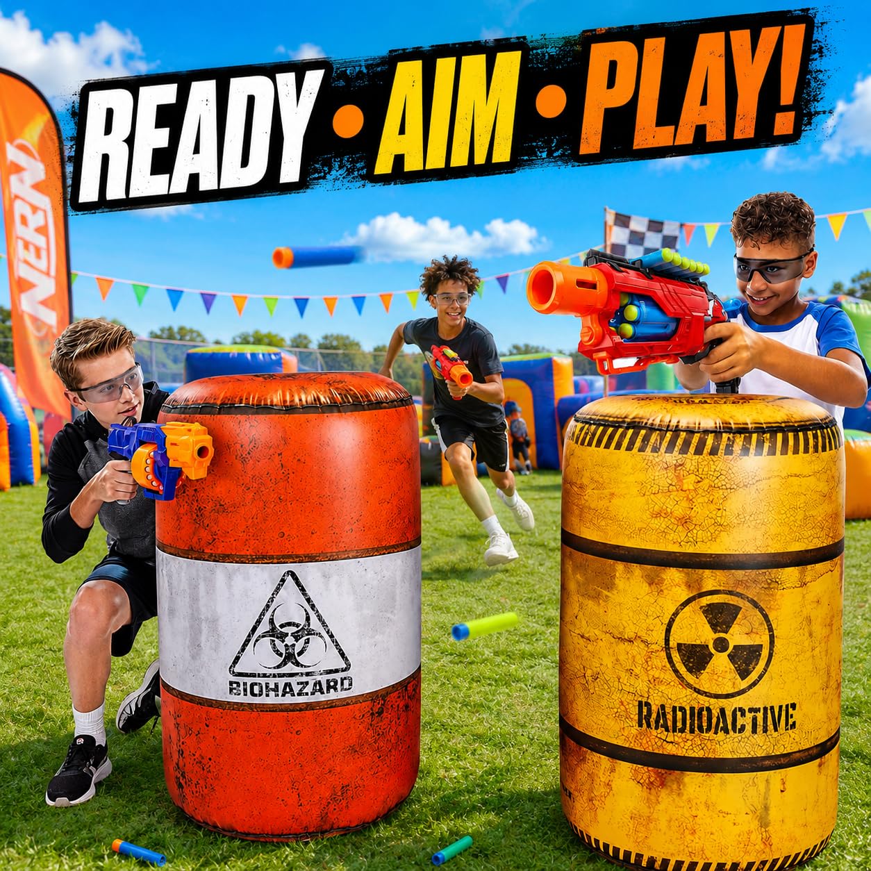 NINOSTAR Barrels Inflatables Set, Combat Battlefield Compatible with Nerf, Laser tag, Water Gun, Dart Gun, Perfect for Boys and Girls Birthday