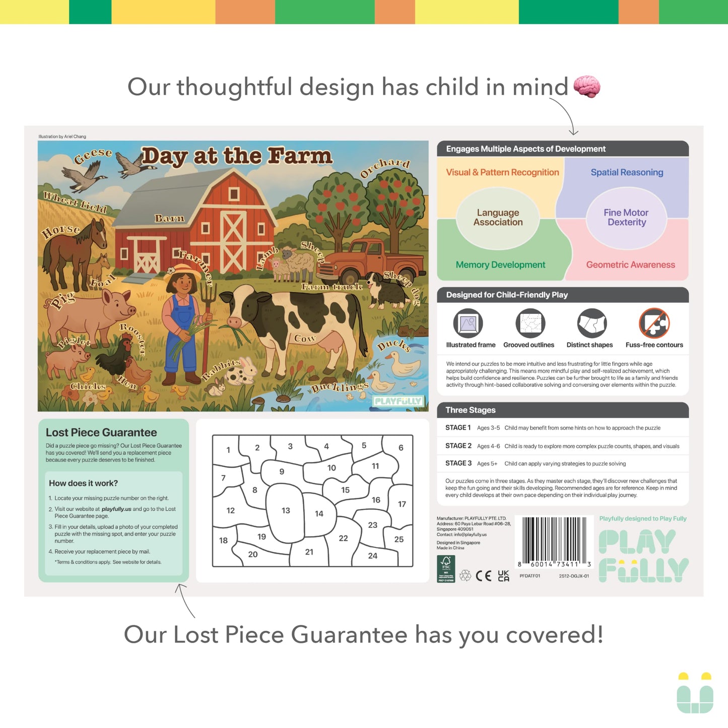 Play Fully ‘Day at the Farm’ 25 Piece Puzzle with Frame for Kids Ages 3-5 | Lost Piece Guarantee | Unique Shapes | Child-Centric Design | Educational