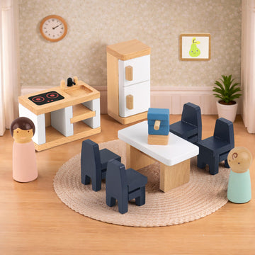 PairPear Wooden Toys Dollhouse Furniture Playset,Natural Wood Pretend Play Furnitures with Family Dolls,Dollhouse Accessories Toys Gift for Girls