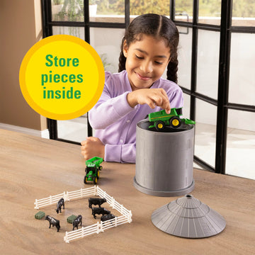 TOMY John Deere Farm Playset with Grain Bin - 1:64 Scale - Includes Grain Bin, John Deere Tractor Toys, Skid Steer, Farm Animal Toys, and Fencing