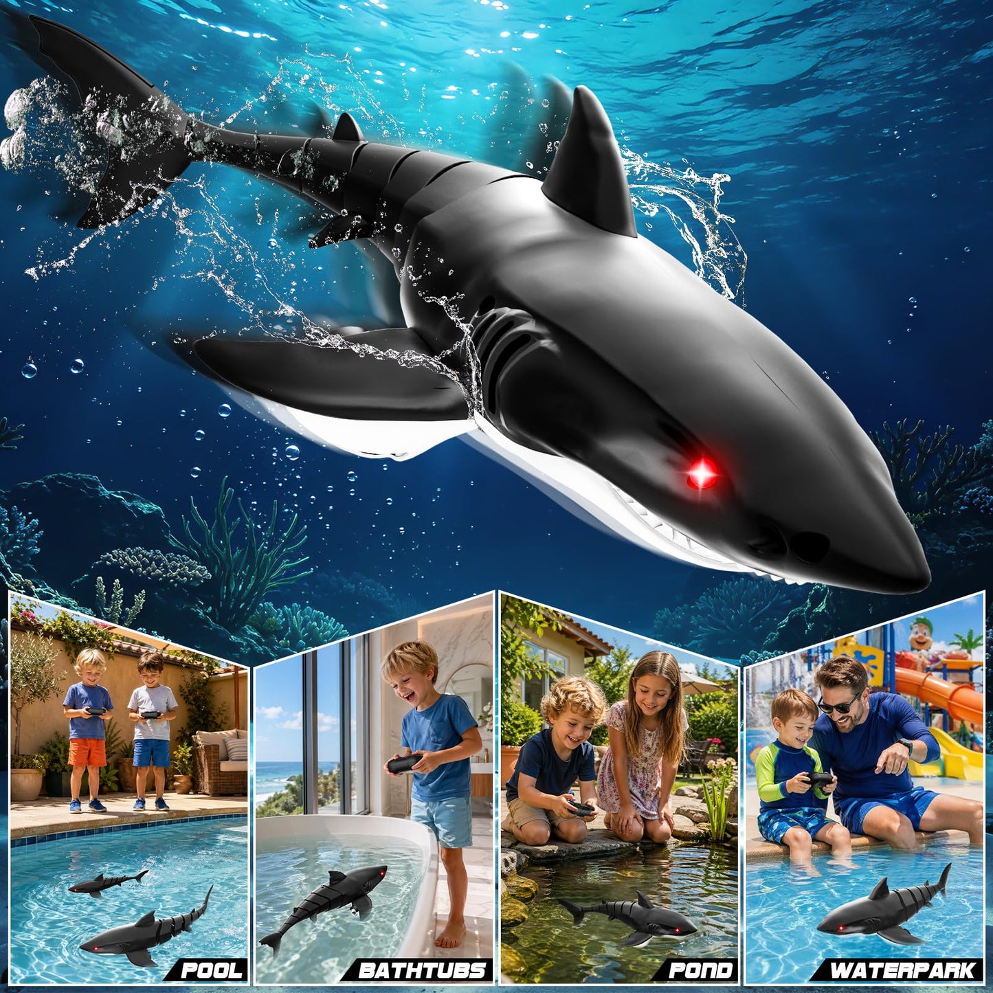 2.4GHz Remote Control Shark Toys for Kids, Electric RC Shark Boat with Light, 1:18 Scale High Simulation Shark Pool Toy, USB Rechargeable RC Water