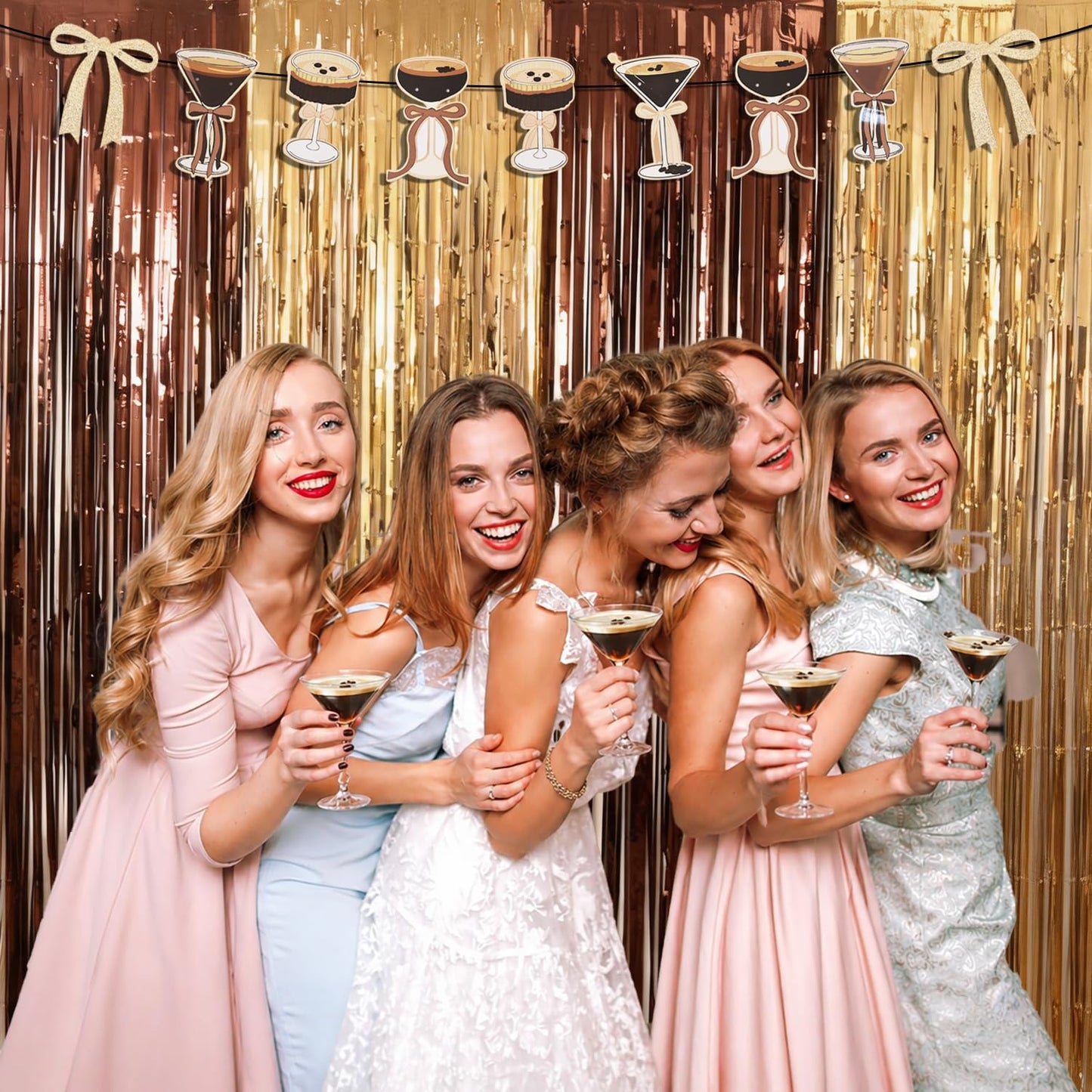 Espresso Martini Decorations, 2 Pack Tini Bit Older Birthday Party Photo Booth Prop, Brown Gold Fringe Curtains Photo Streamers Backdrop for Love Is