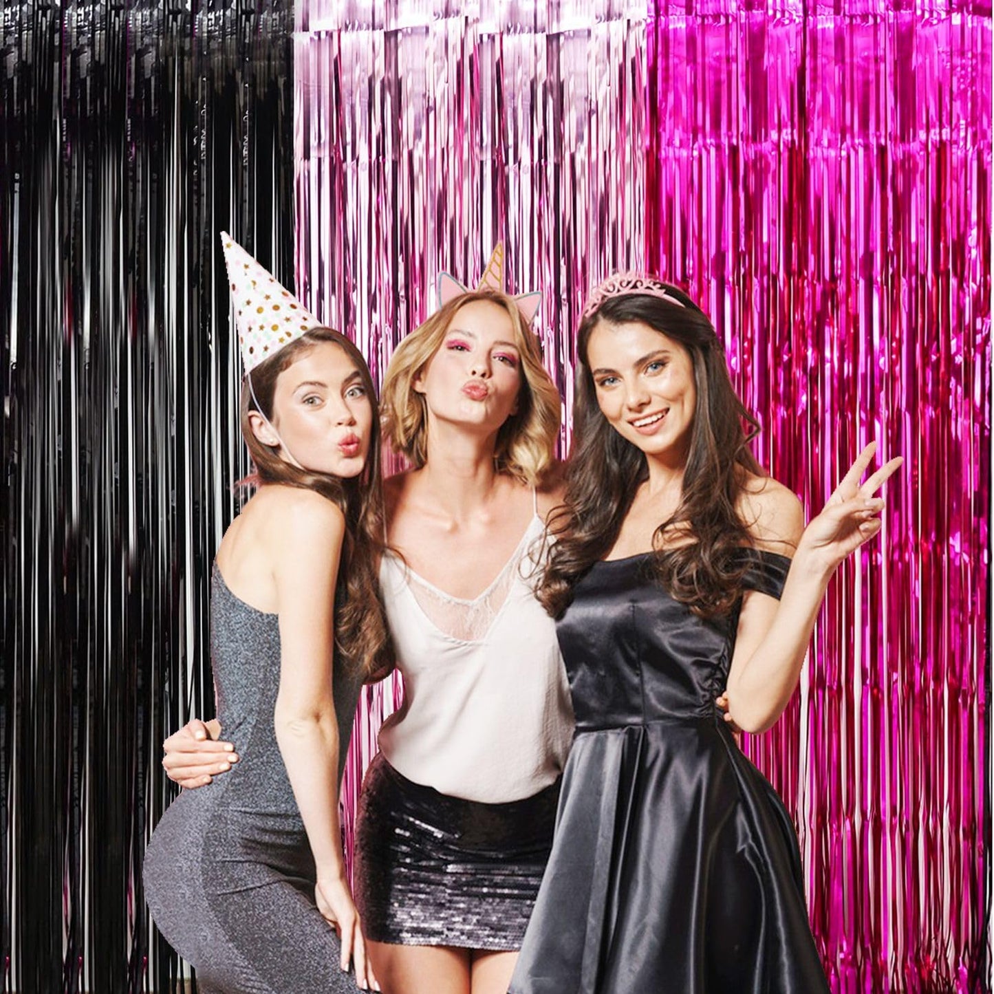 Pink and Black Birthday Decorations - 3 Pack of 3.2x8.2ft Dark Light Pink Fuchsia Tinsel Fringe Backdrop Streamers Curtains for Women Birthday