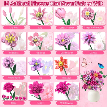 Utbttor LED Flower Bouquet Building Set, 23 Styles Artificial Botanical Blocks, 924 PCS DIY Flower Collection Table Decor Gift for Women & Girls