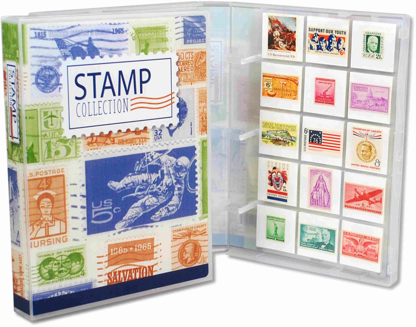 Stamp Collection Album Binder with 10 Archival Safe Pages - Compact 3-Ring Postage Stamp Storage Case with Snap Lock, Holds 150-300 Stamps - Includes
