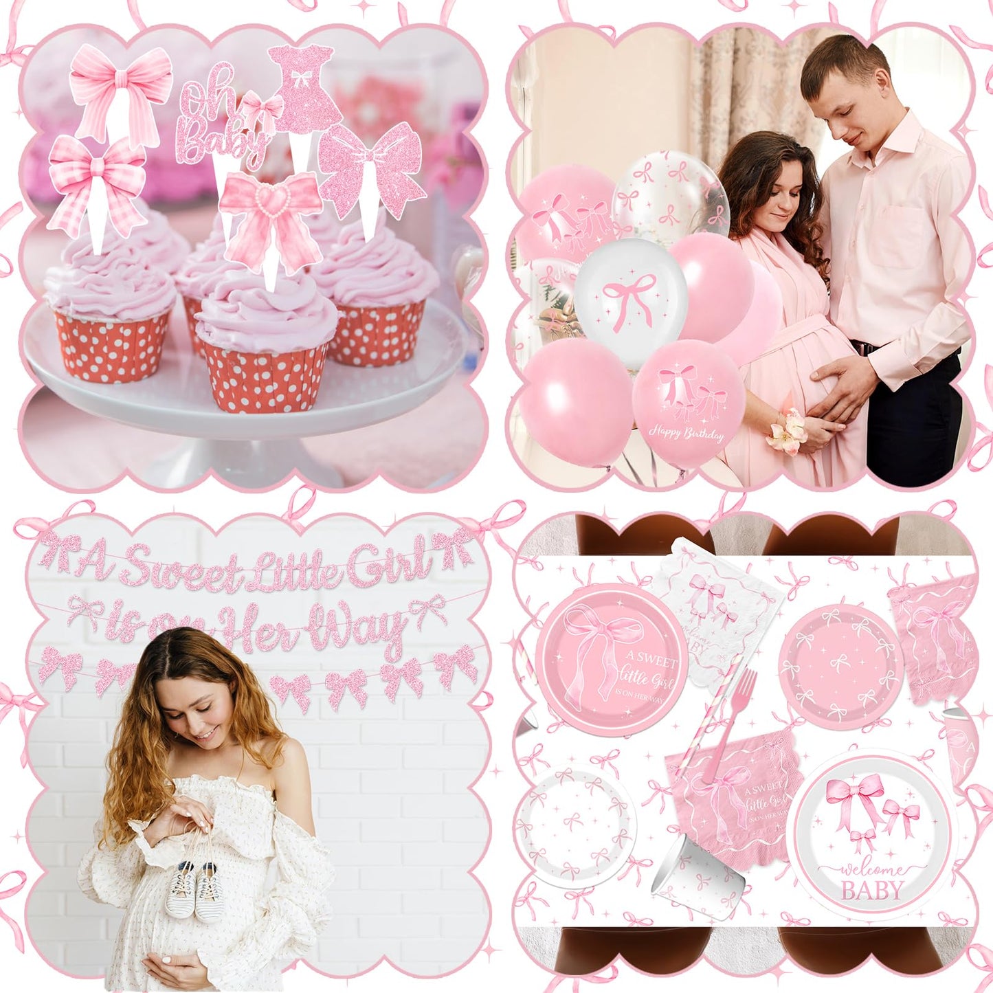 Pink Bow Baby Shower Decorations for Girl,Pink Bow Birthday Party Supplies Include Bow Plate,Napkin,Banner,Cake Topper,Balloons Welcome Baby Girl