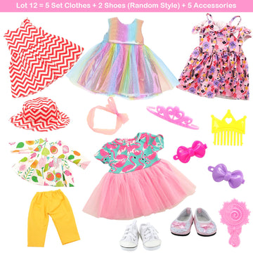 BARWA 18 inch Doll Clothes and Accessories 5 Sets Clothes Dress Outfits with 2 Pairs Shoes for 18 Inch Dolls