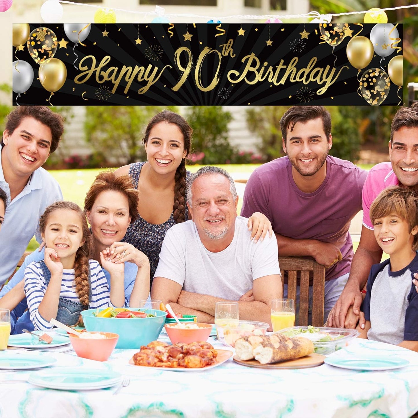 Happy 90th Birthday Banner for Men Women Sign Black Gold Glitter 90 Years Old Birthday Party Decorations Supplies Anniversary Celebration Backdrop