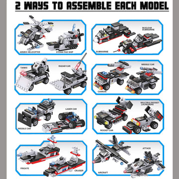Liberty Imports 825pc Military Aircraft Carrier Fleet Construction Bricks Toy - 8-in-1 Naval Battleship Models with Navy Vehicles, Jets & More