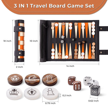 Woodronic 3 in 1 Travel Chess Checkers Backgammon Set, Roll-up Leather Backgammon Game Set with 32 Pearl Textured Pieces and 5 Dices, Portable Travel