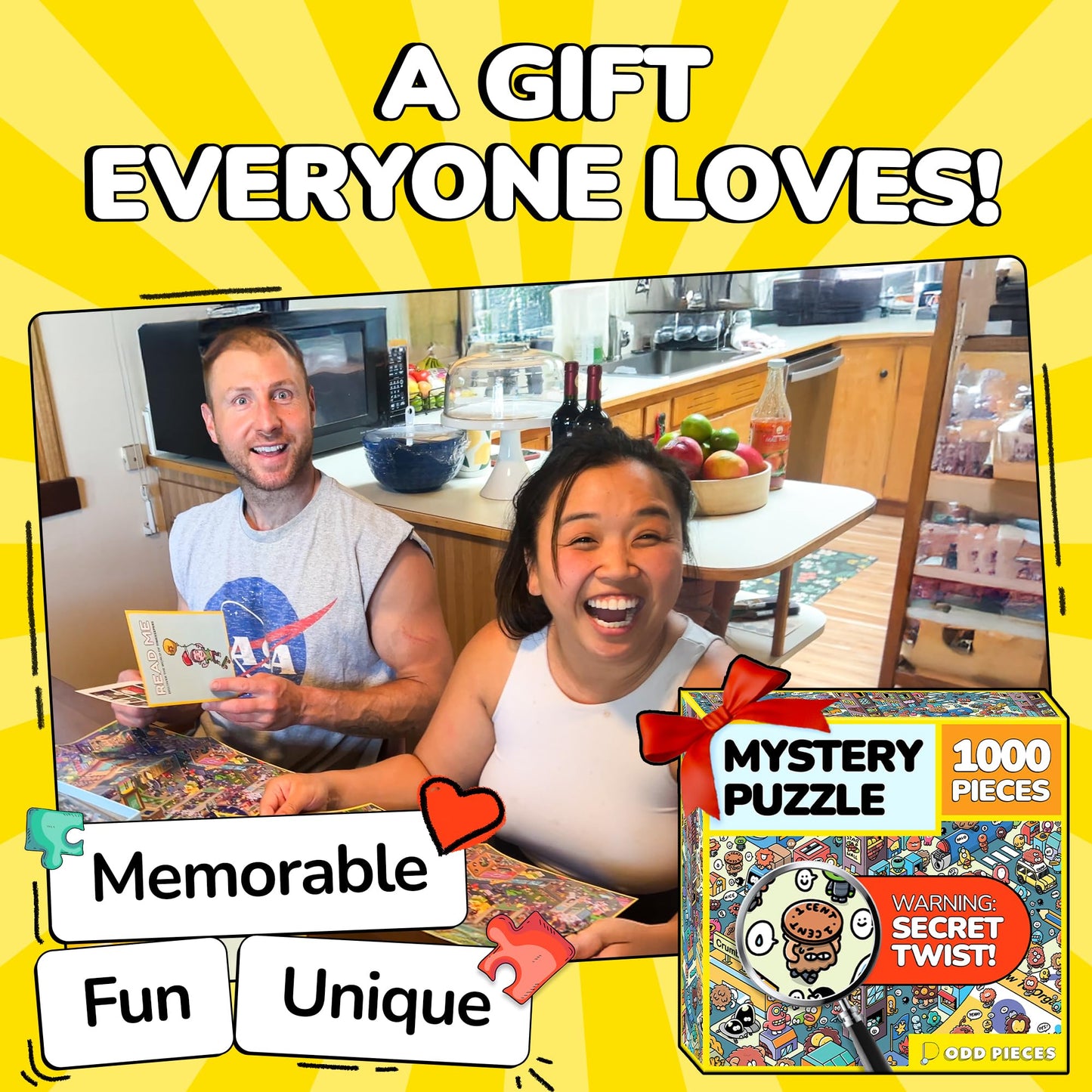 Odd Pieces Jigsaw Puzzles 1000 Pieces with Storytelling Comics, for Women, White Elephant, Mystery Puzzle for Adults & Kids - 19.7'' x 27.6''