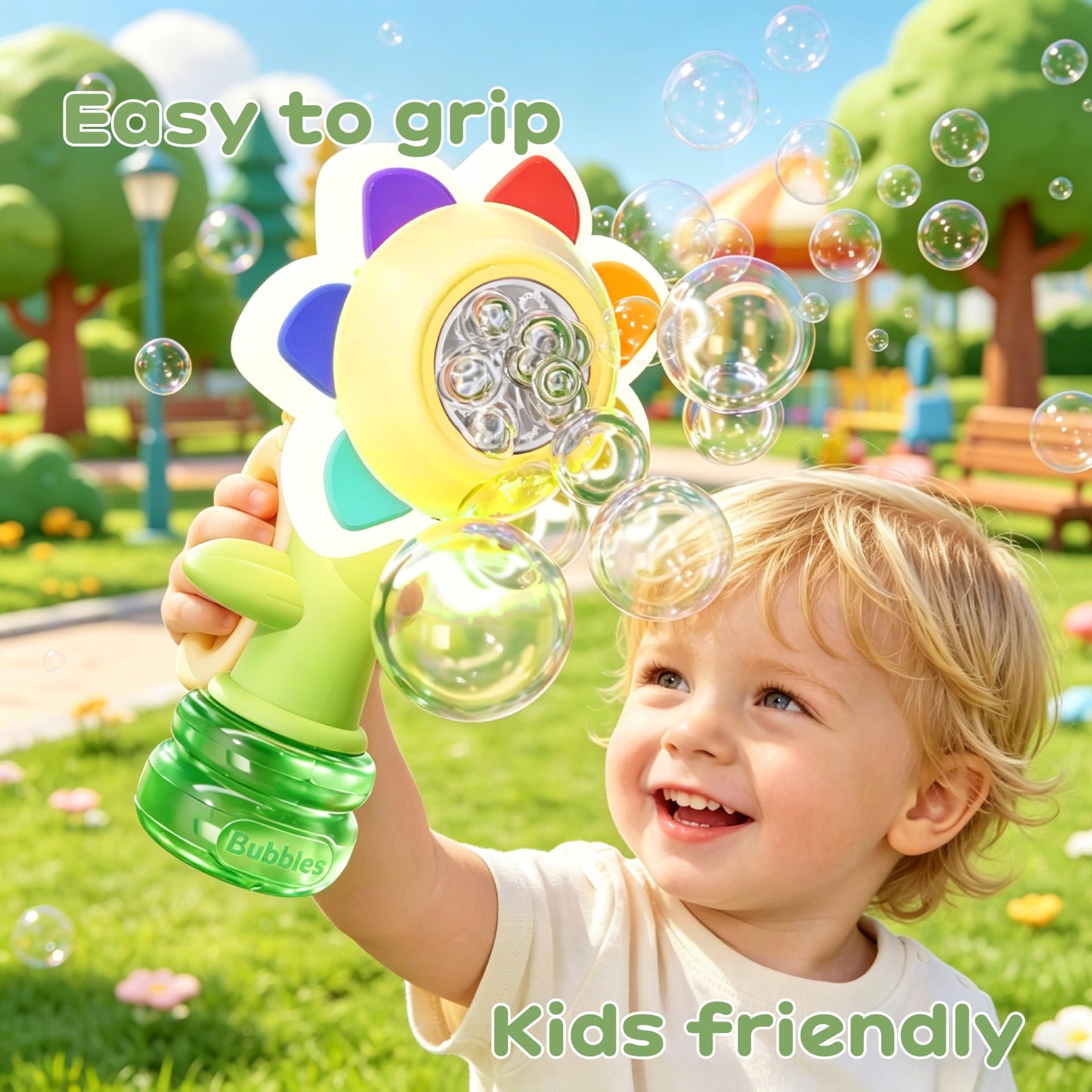 ChainnForces Flower Bubble Machine for Kids, Rechargeable Sunflower Bubble Maker with Lights, Portable Automatic Bubble Blower Toy for Toddlers