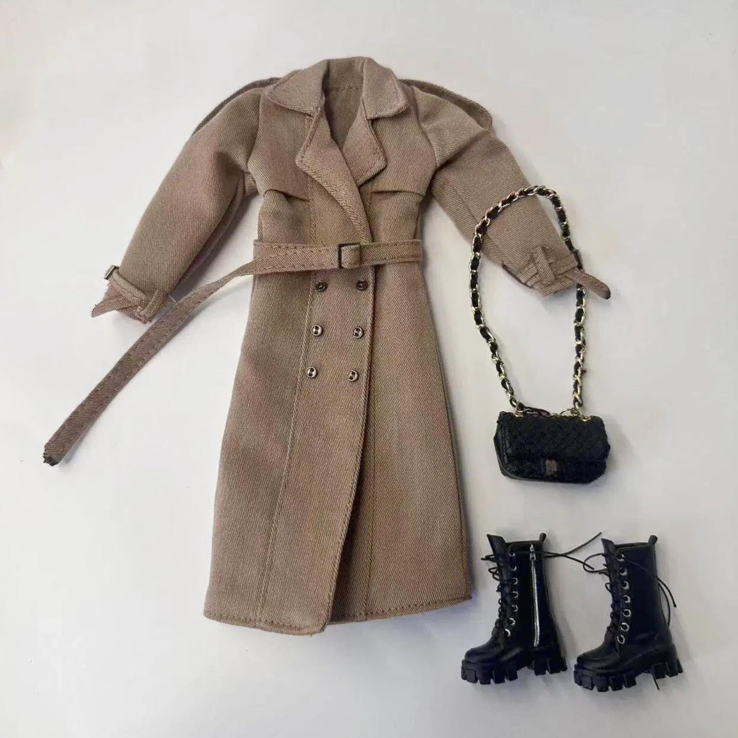 Classic Trench Coat Outfit Set for 11.5-12 Inch Fashion Collectible-Doll, Khaki Double-Breasted Coat with Belt, Quilted Handbag, Black Lace-Up Ankle