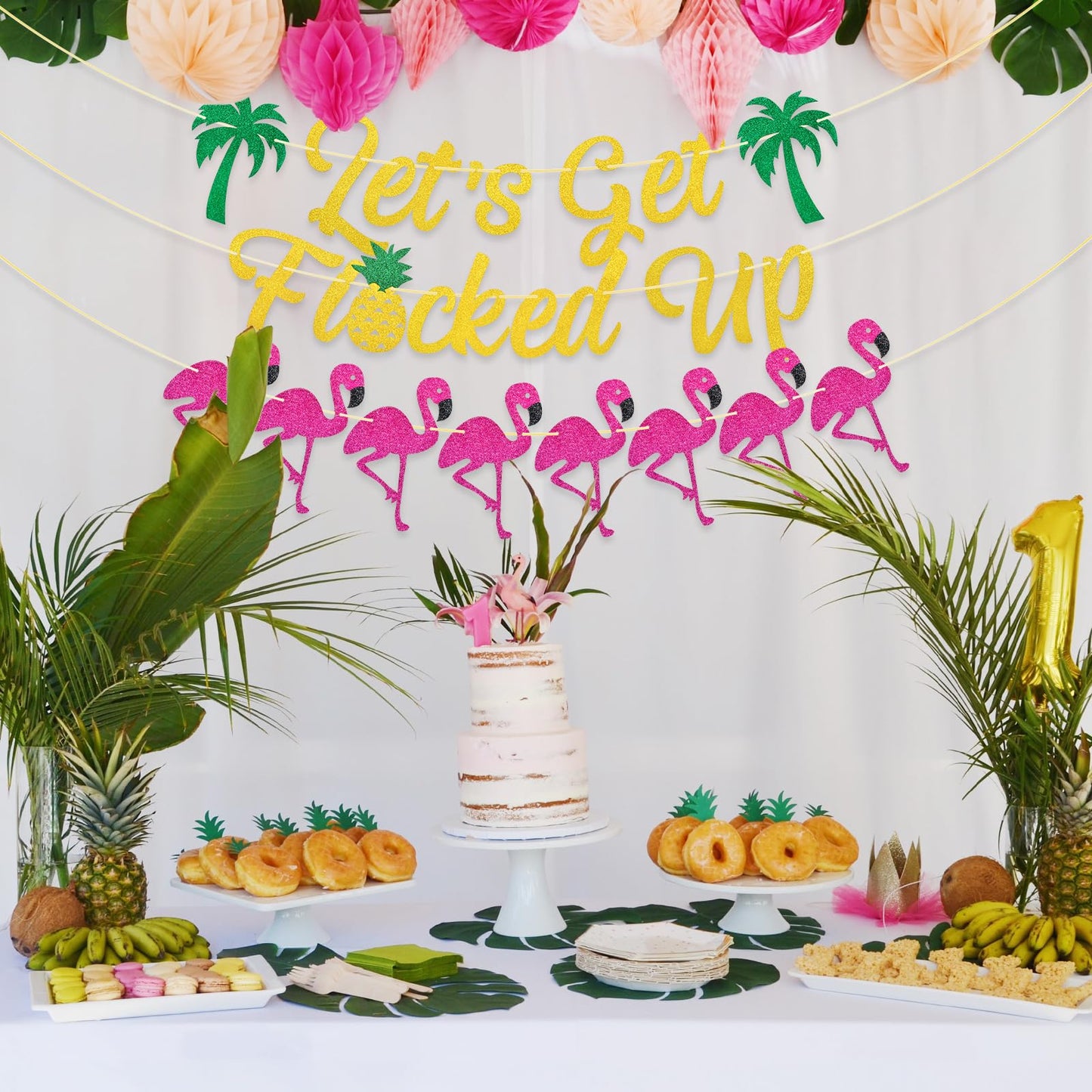 Let’s Get Flocked Up Banner - Pink Glitter Flamingo Party Banner with Palm Trees & Pineapple, NO DIY Required, Tropical Summer Pool Party