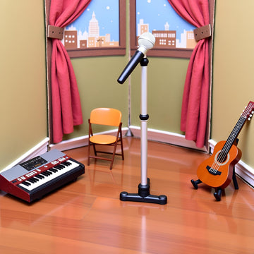 Black Mini Model Microphone,1:12 Dollhouse Miniature Scene Model Microphone with Stand Play Toy, Decortion, Dollhouse Furniture, Doll's Microphone