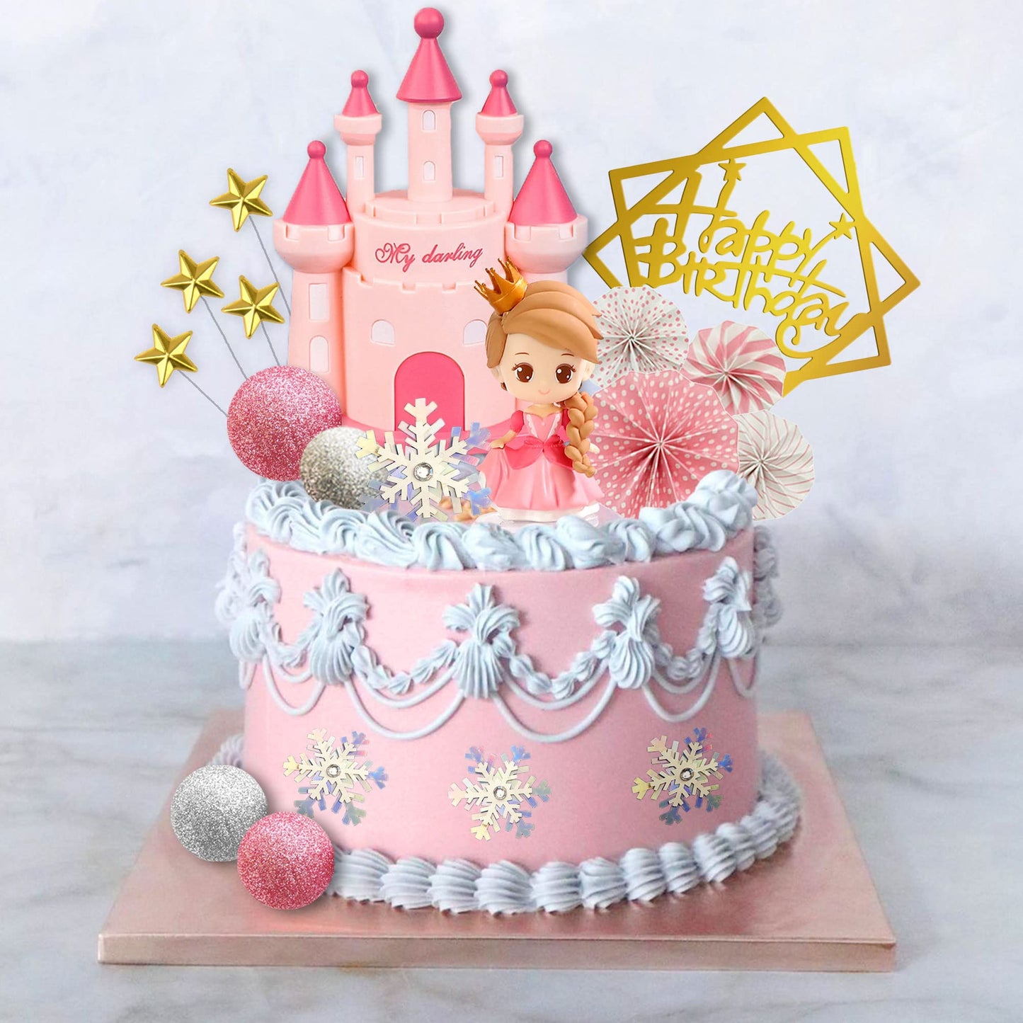 19 PCS Princess Cake Topper Castle Cake Decoration with Snowflake and Stars for Princess Birthday Supplies (Pink)
