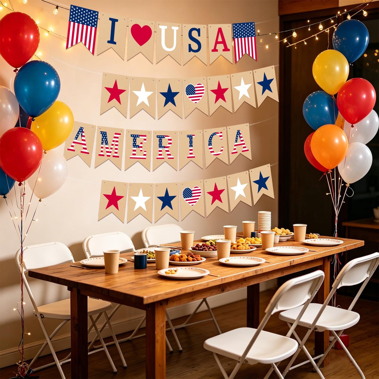 4th of July Banner Decoration, Pre-Strung Double-sided American Flag Paper Bunting, Red White Blue Independence Day Garland for Labor Day Veterans Day