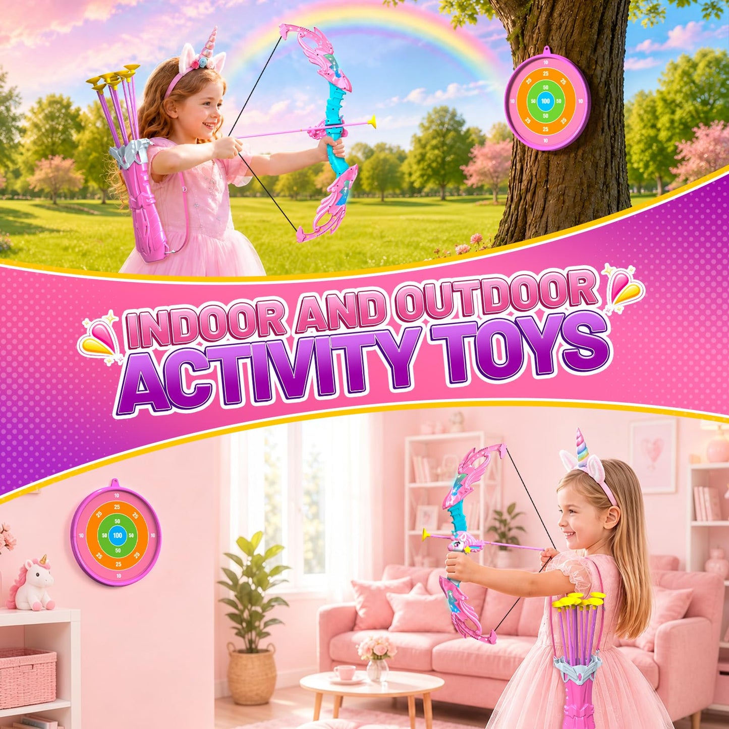 Innofans Unicorn Toys for Girls Age 4-6, Bow and Arrow Set LED Light Up with 10 Pink Suction Cup Arrows, Target & Quivers, Christmas Birthday Gift