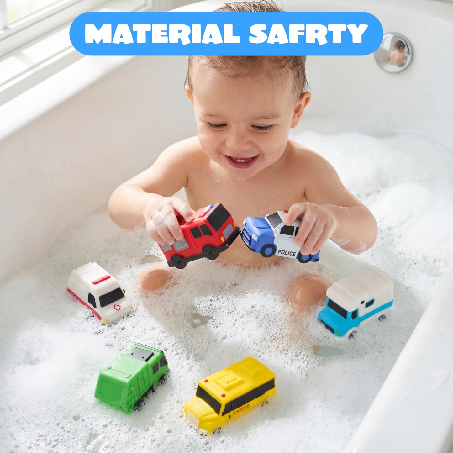 JOYIN 6 Pcs Car Bath Toys, Sealed & No-Hole & Mold Free Bathtub Toys for Kids, Non-Toxic & Soft Water Vehicles Toys, Squeezable & Float on Water, Bath