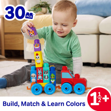 MEGA BLOKS First Builders Toddler Block Toys Set, Build & Match Animal Tractor with 30 Pieces, Learn Animals and Colors, Red and Blue, Ages 1+ Years