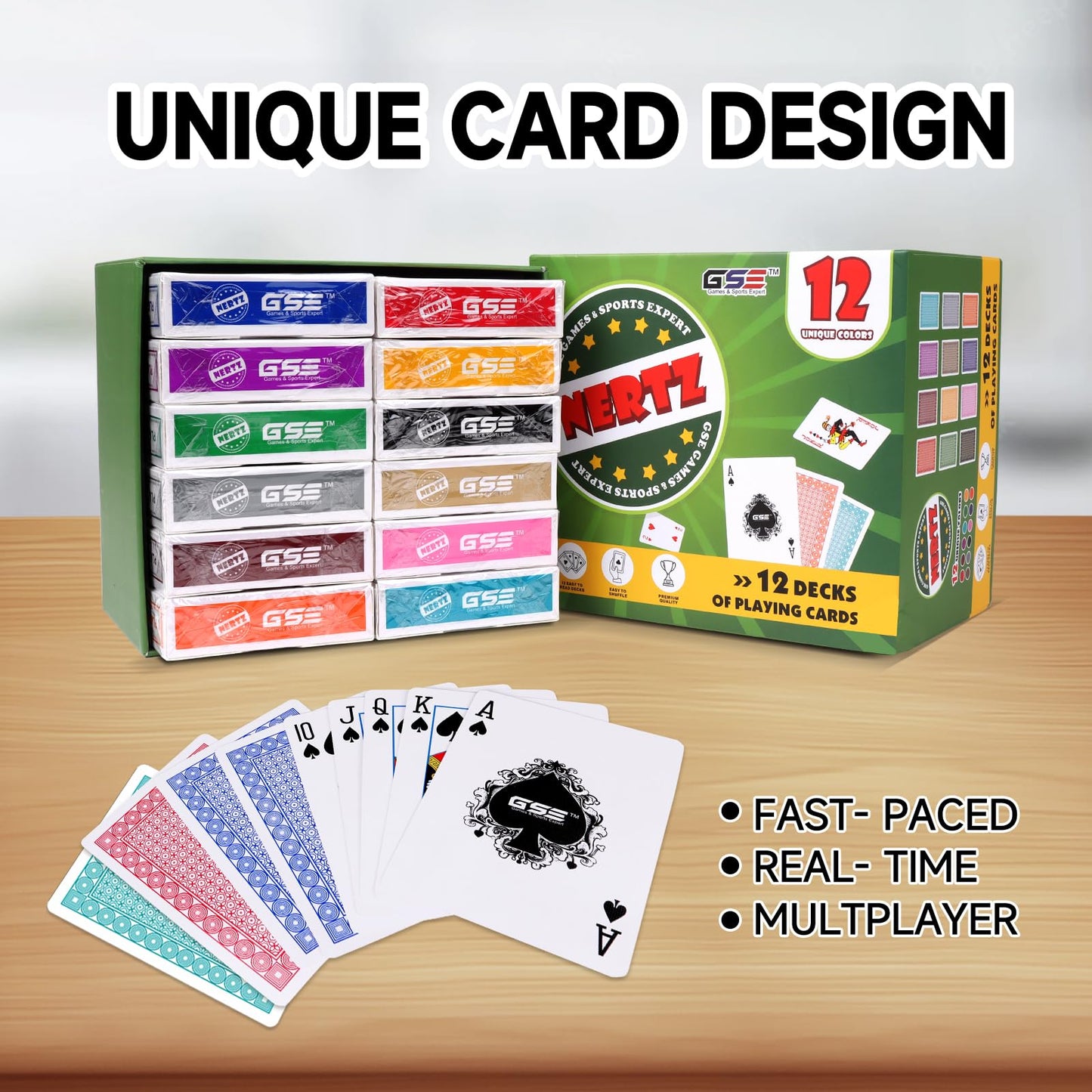GSE Games & Sports Expert 12-Deck Nertz Card Game, Standard Playing Cards Bulk with 12 Unique Colors, Multiplayer Solitaire Cards Compatible