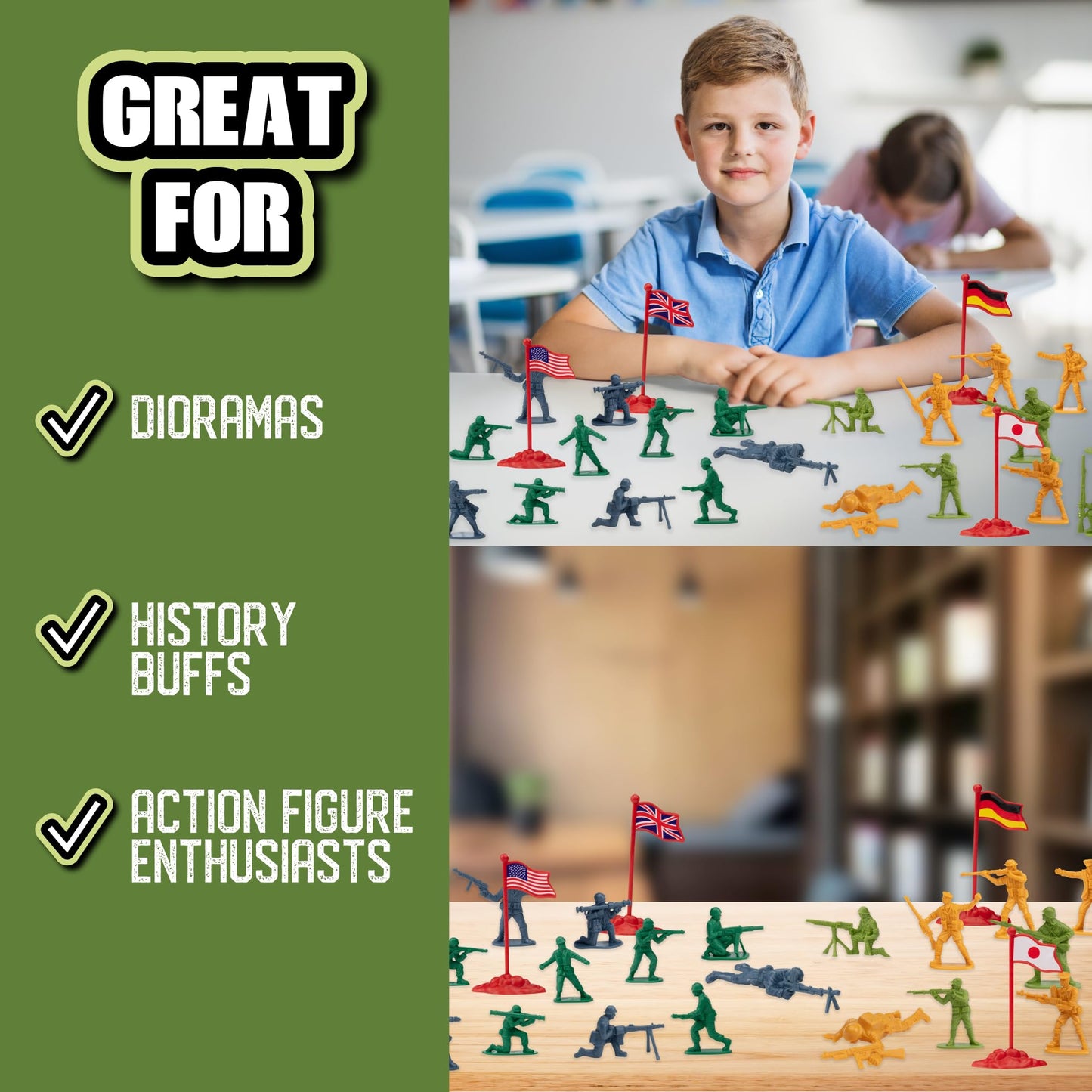 World War II Army Men Toy Action Figure Playset- 200pc Including Soldiers & Flags from The US, Great Britain, Germany & Japan Posed in Realistic