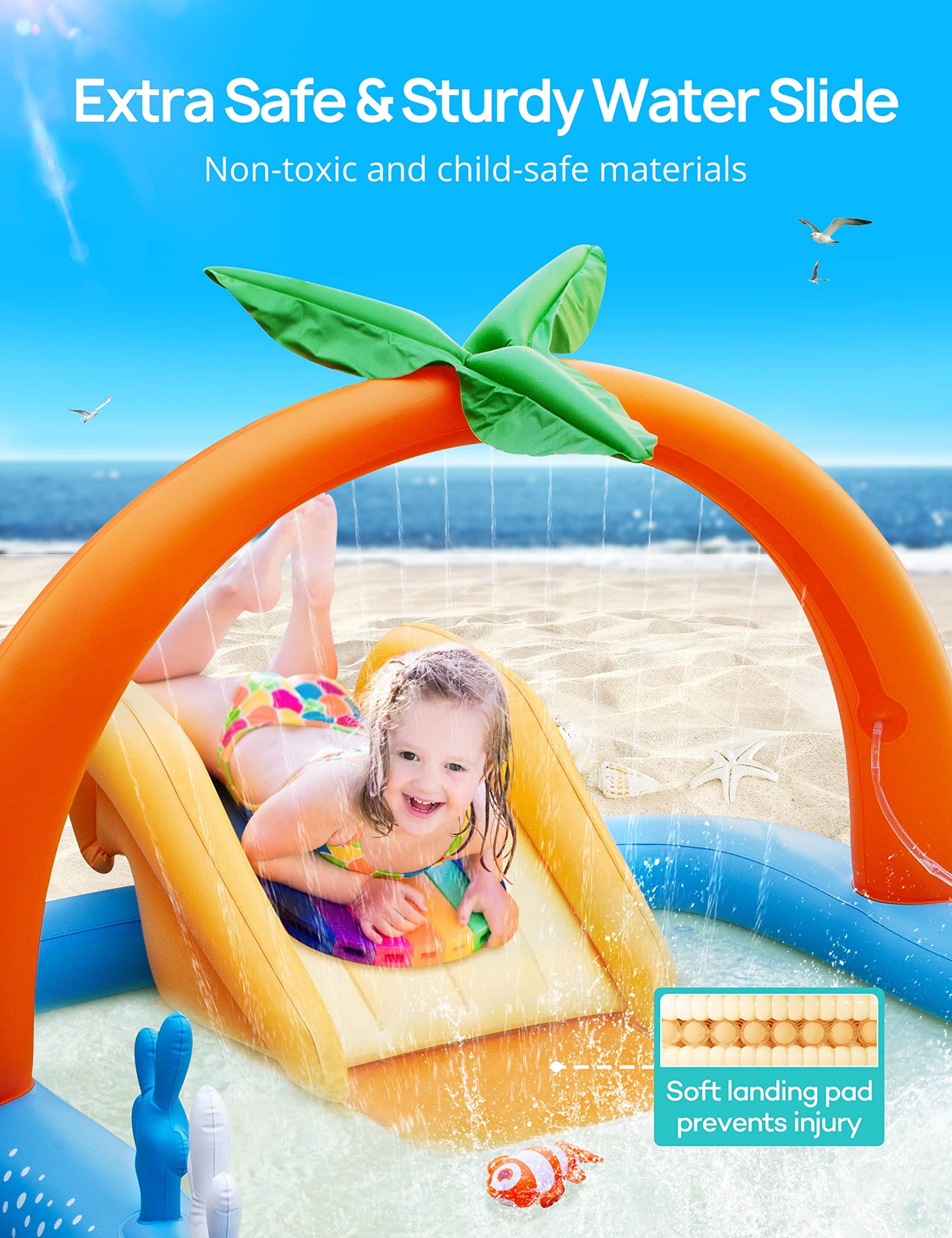 Inflatable Kids Pool, Kiddie Pool with Water Slide, Coconut Palm Sprinkler