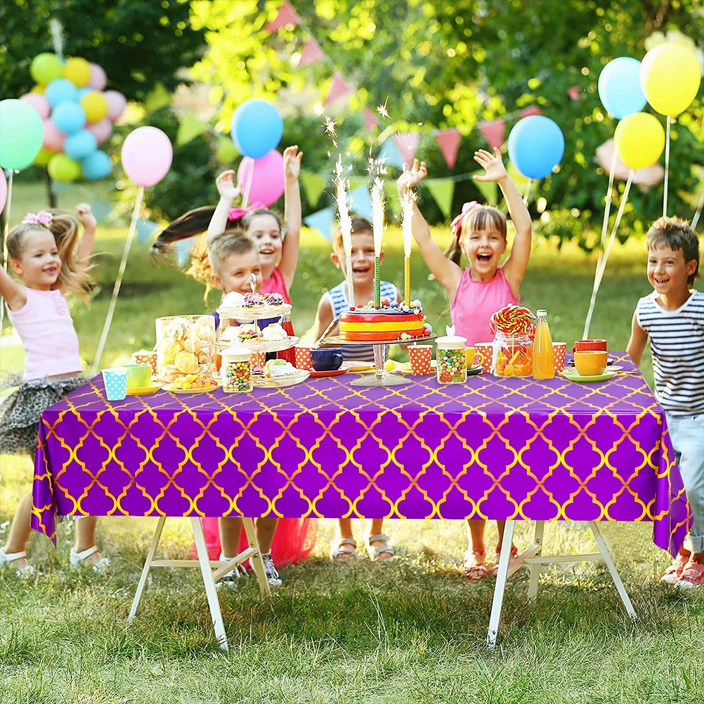 Lecpeting 2 Pcs Arabian Tablecloth Purple Gold Lattice Plastic Table Covers 87 x 51 Inches Arabian Nights Themed Party Decorations for Birthday Party